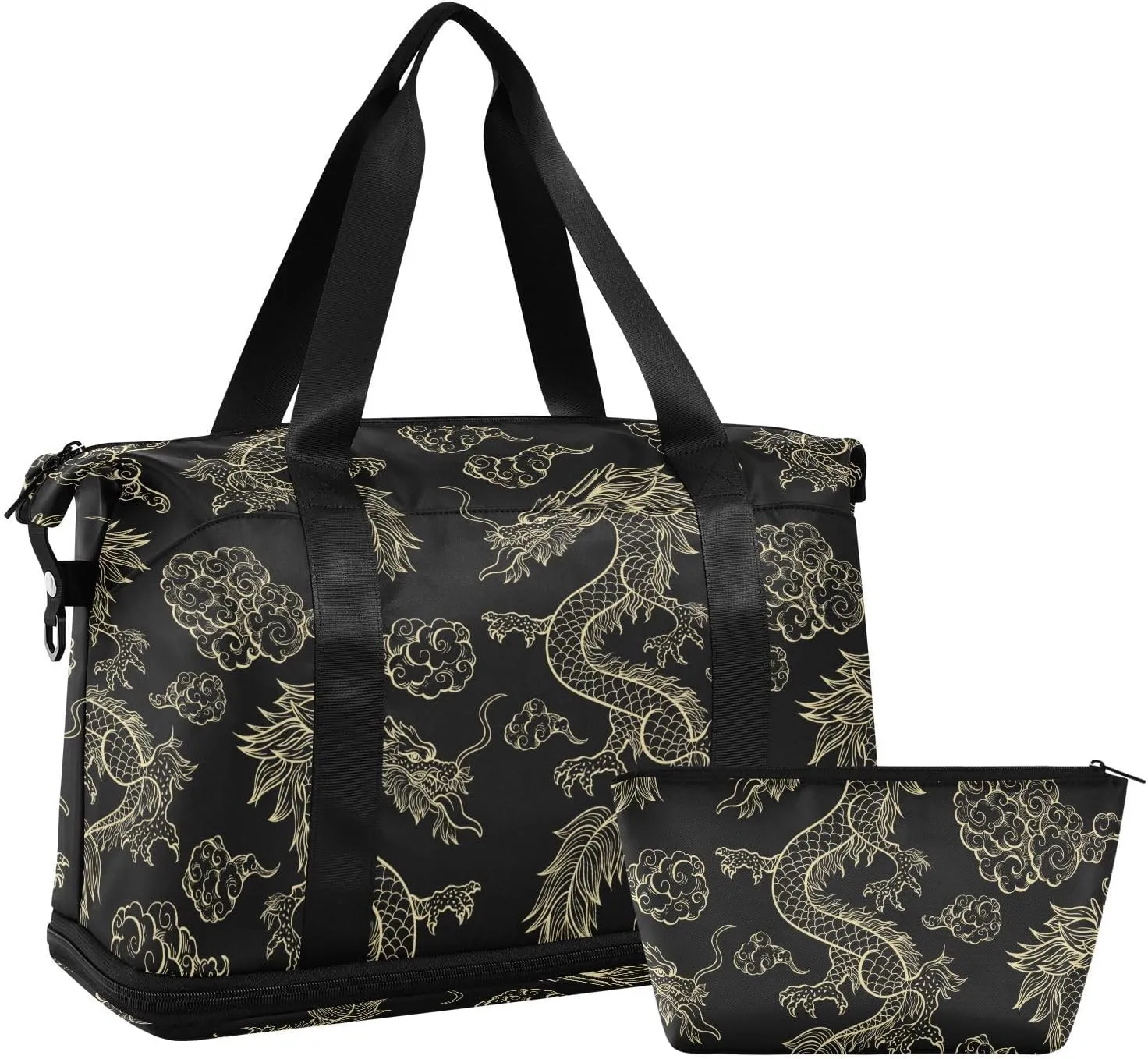 ALAZA Chinese Oriental Dragon Clouds Black Travel Duffel Bag for Women Men Sports Gym Bag with Shoe Compartment Tote Weekender Overnight Bag with Wet Pocket for Travel, Gym,Yoga,Swimming
