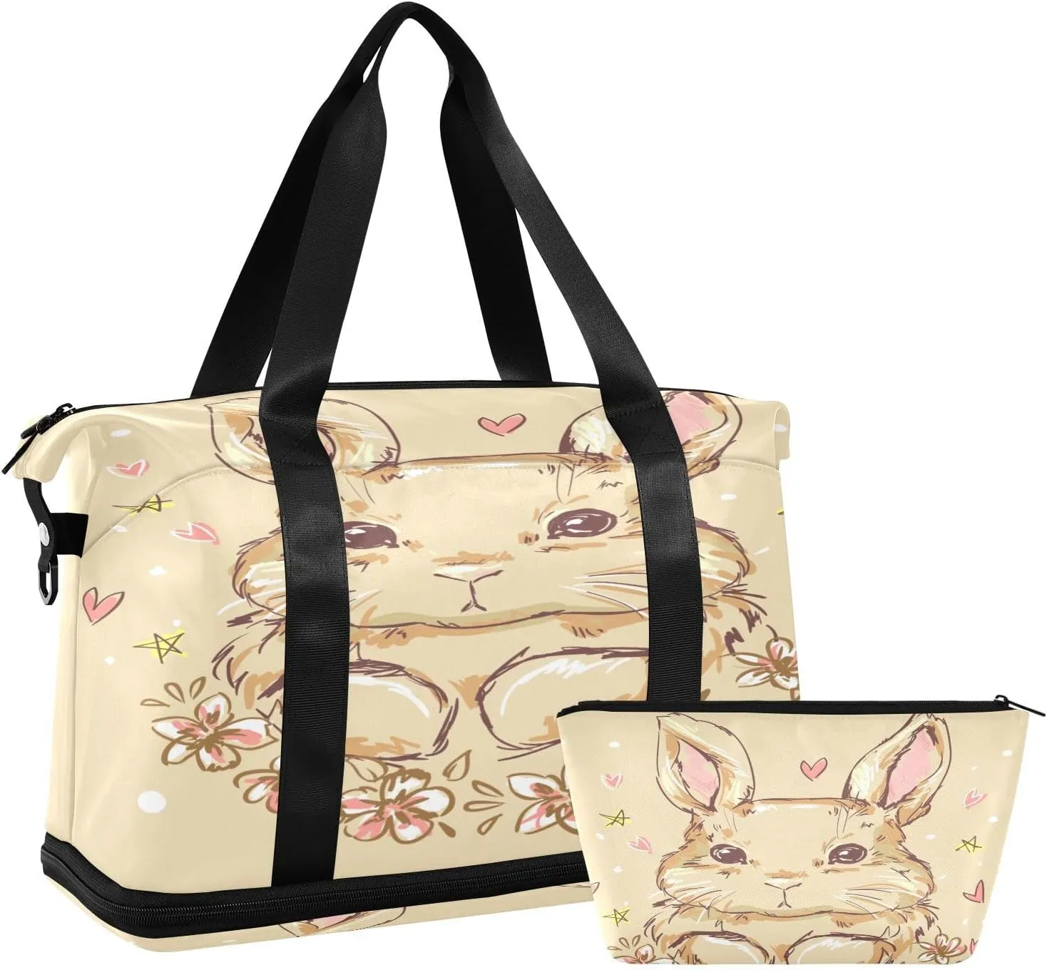 ALAZA Cute Easter Bunny Rabbit Floral Flower Travel Duffel Bag for Women Men Sports Gym Bag with Shoe Compartment Tote Weekender Overnight Bag with Wet Pocket for Travel, Gym,Yoga,Swimming