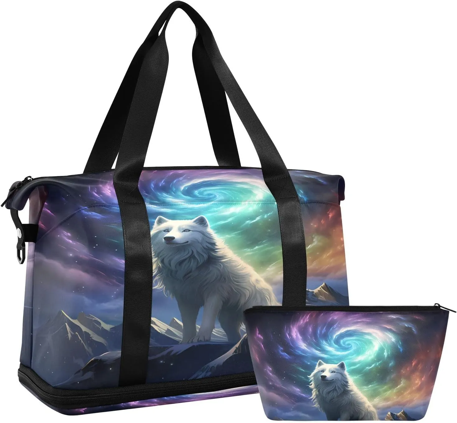 ALAZA Howling Wolf Nebula Galaxy Space Travel Duffel Bag for Women Men Sports Gym Bag with Shoe Compartment Tote Weekender Overnight Bag with Wet Pocket for Travel, Gym,Yoga,Swimming