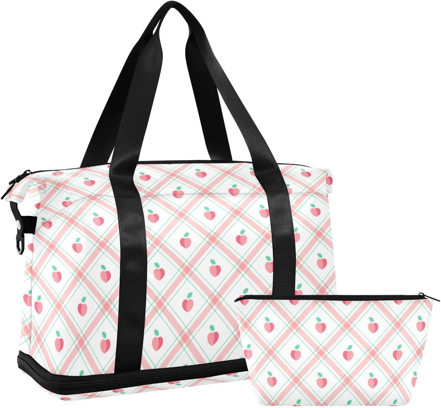 ALAZA Peach Fruit Checkered Plaid Buffalo Travel Duffel Bag for Women Men Sports Gym Bag with Shoe Compartment Tote Weekender Overnight Bag with Wet Pocket for Travel, Gym,Yoga,Swimming