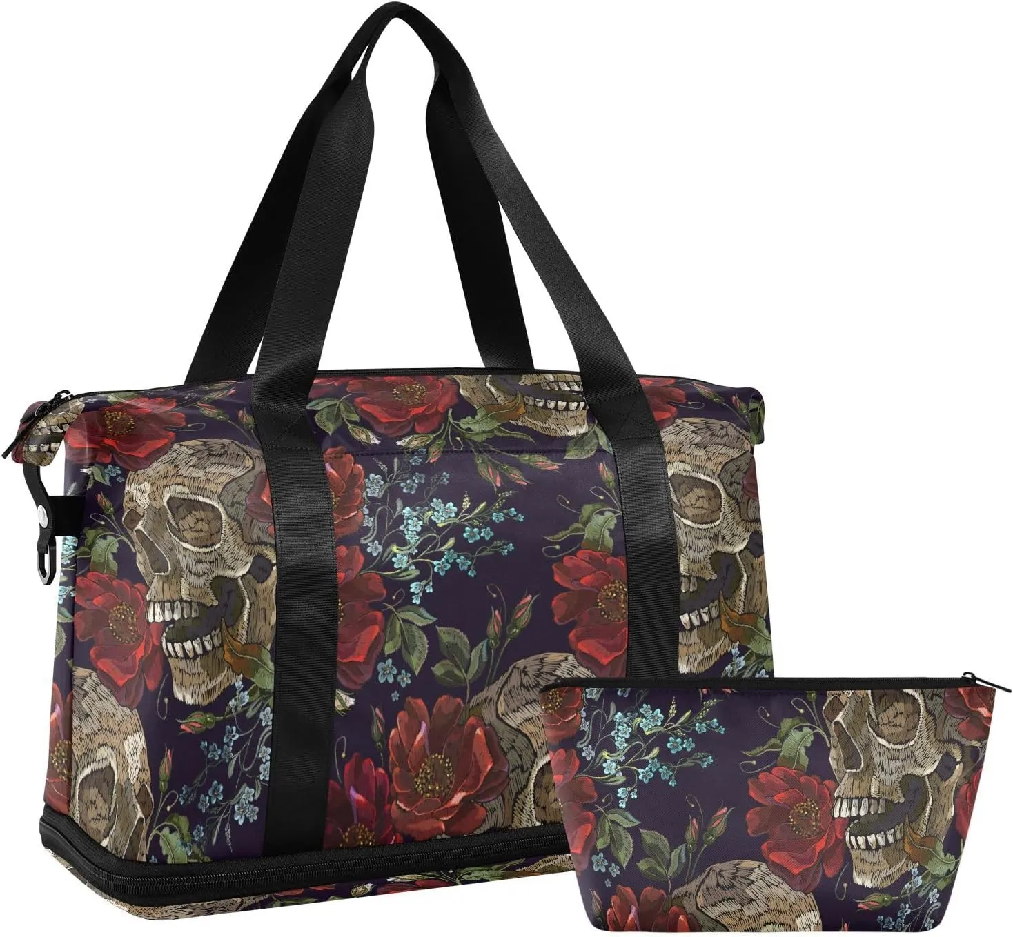 ALAZA Skulls and Red Roses Retro Travel Duffel Bag for Women Men Sports Gym Bag with Shoe Compartment Tote Weekender Overnight Bag with Wet Pocket for Travel, Gym,Yoga,Swimming