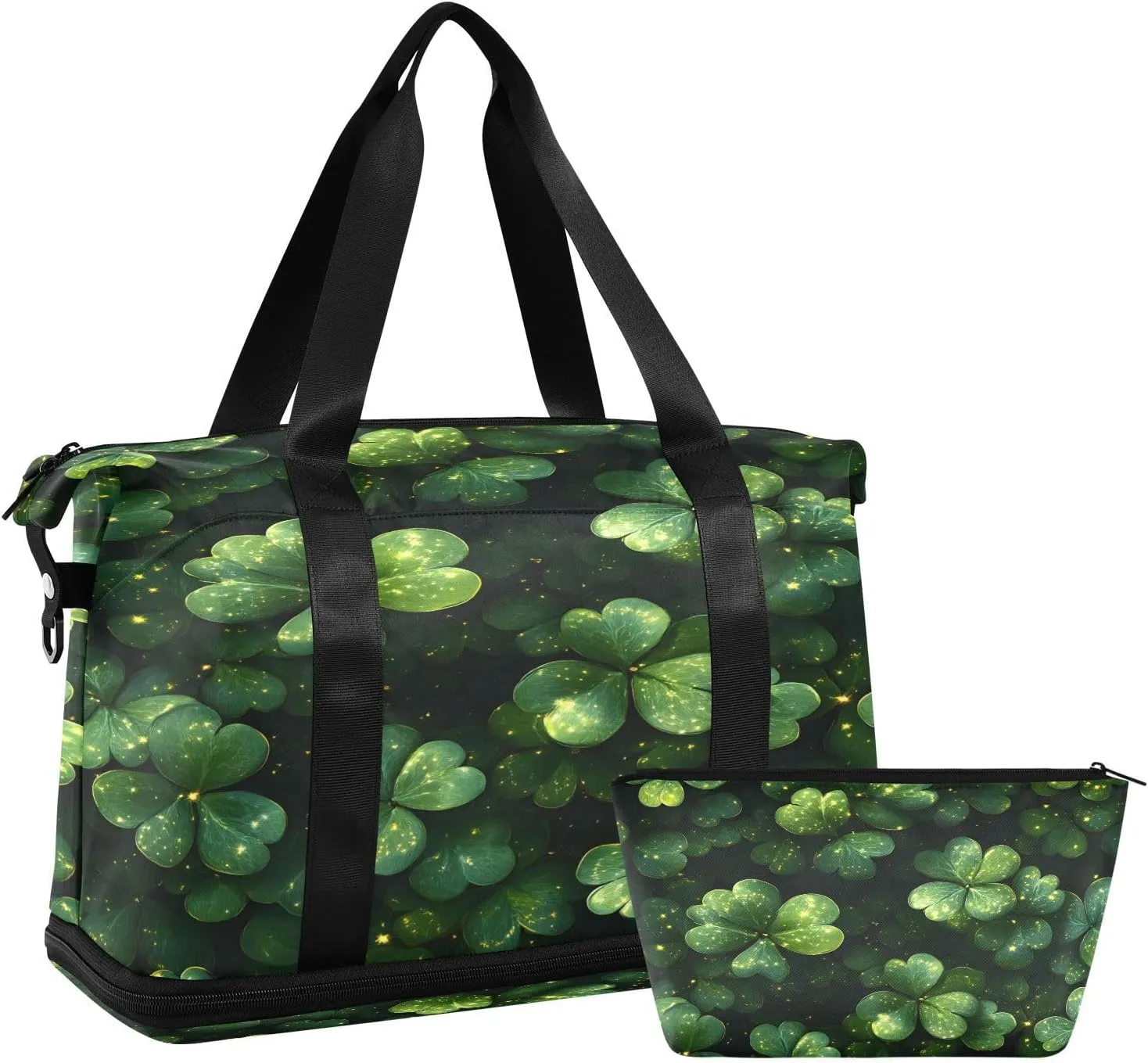 ALAZA St. Patrick's Day Shamrock Leaf Green Travel Duffel Bag for Women Men Sports Gym Bag with Shoe Compartment Tote Weekender Overnight Bag with Wet Pocket for Travel, Gym,Yoga,Swimming