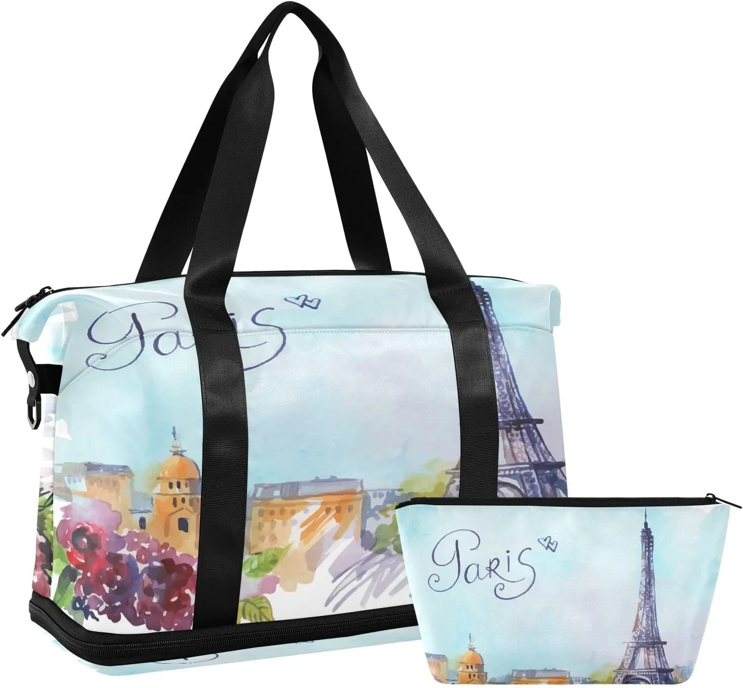 ALAZA Watercolor Eiffel Tower Paris Travel Duffel Bag for Women Men Sports Gym Bag with Shoe Compartment Tote Weekender Overnight Bag with Wet Pocket for Travel, Gym,Yoga,Swimming