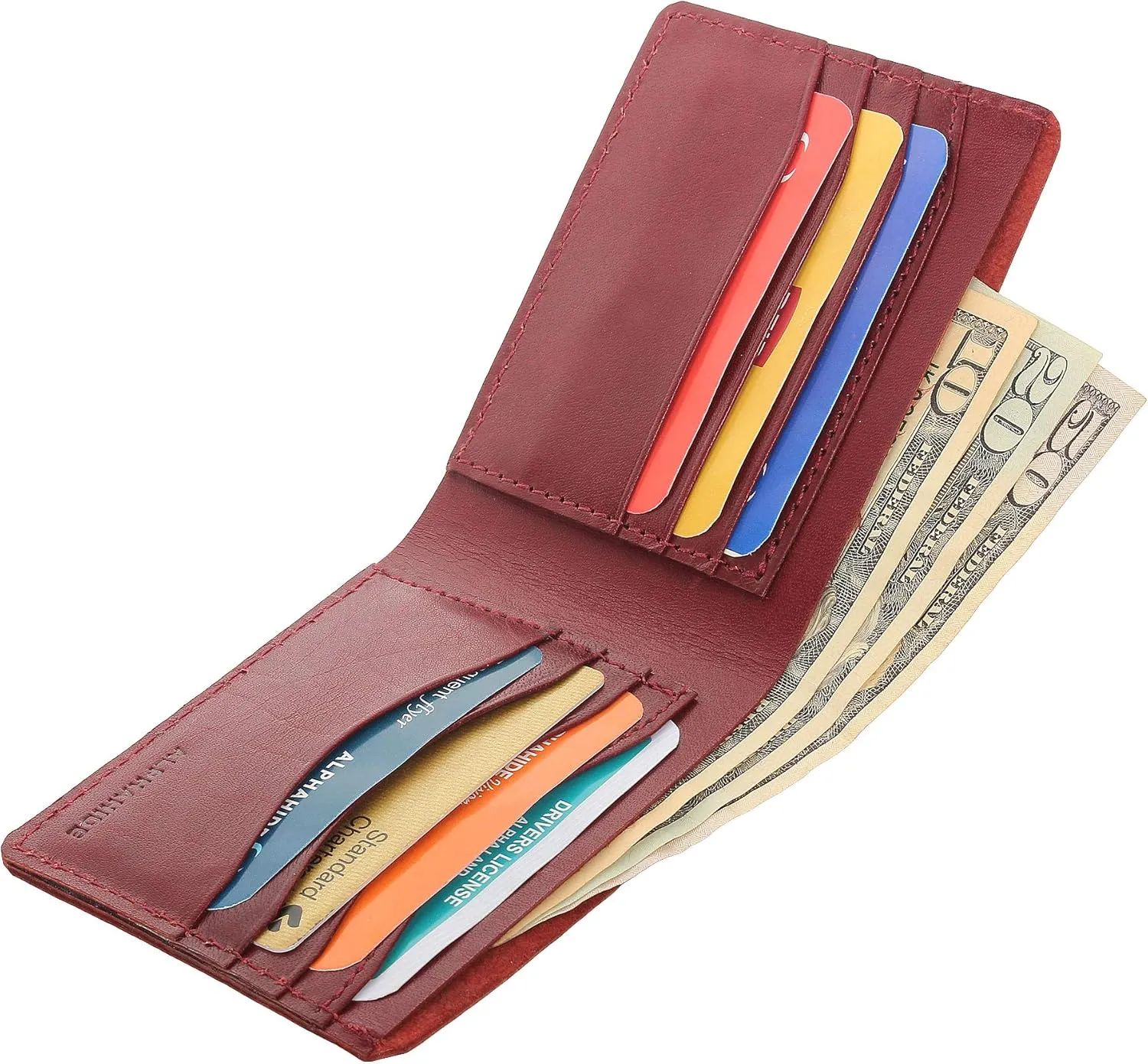 ALPHAHIDE Mens Wallet, RFID Safe, Front Pocket Wallet Slim Bifold Wallet For Men Handcrafted Genuine Leather Billfold Wallet Gift Box, Cherry, Small