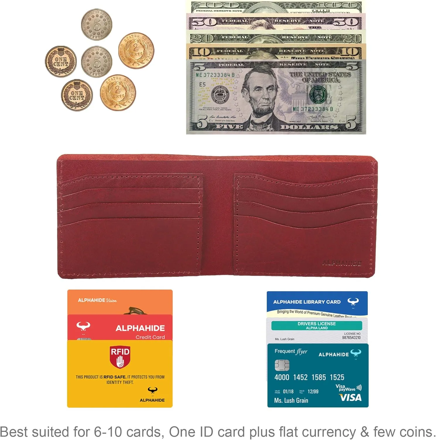 ALPHAHIDE Mens Wallet, RFID Safe, Front Pocket Wallet Slim Bifold Wallet For Men Handcrafted Genuine Leather Billfold Wallet Gift Box, Cherry, Small