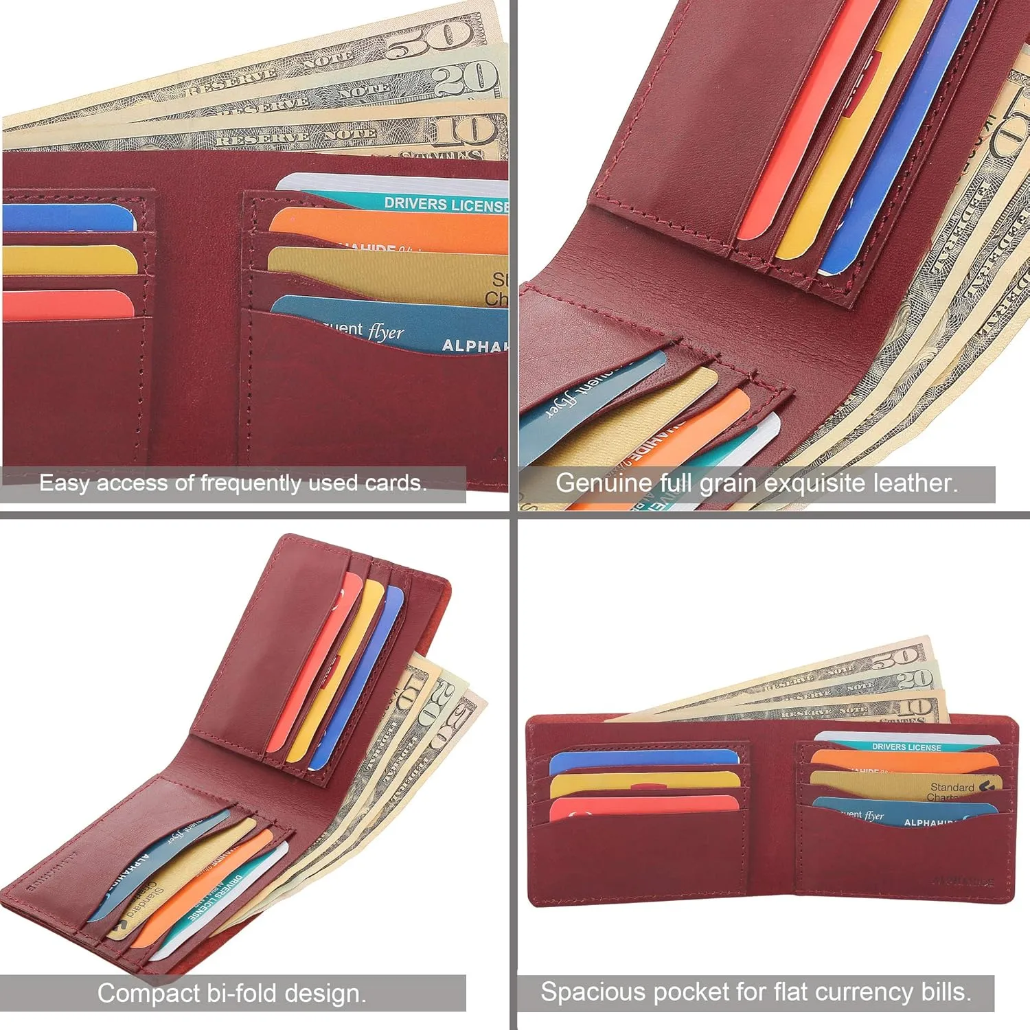 ALPHAHIDE Mens Wallet, RFID Safe, Front Pocket Wallet Slim Bifold Wallet For Men Handcrafted Genuine Leather Billfold Wallet Gift Box, Cherry, Small