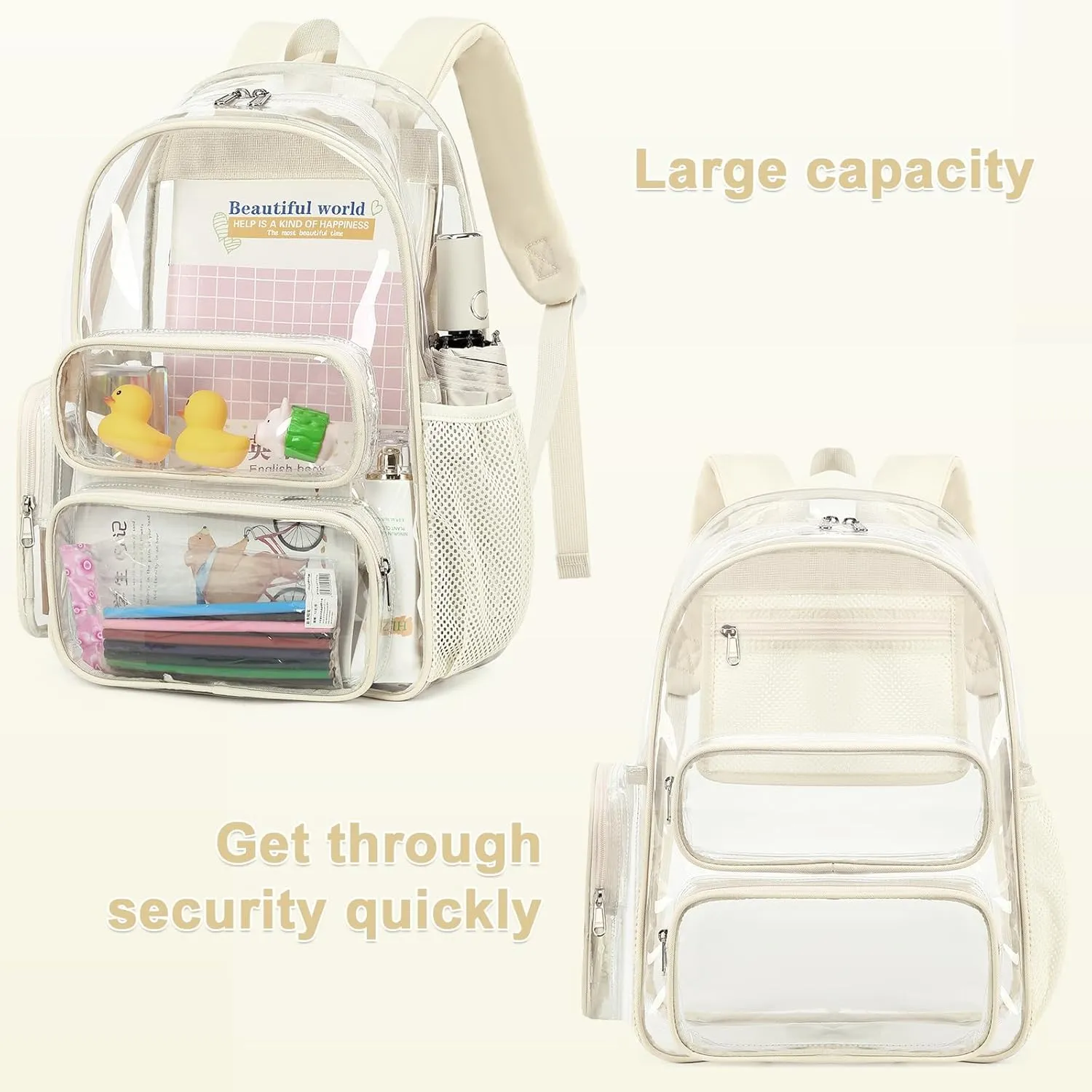 CAMTOP Clear Backpack Heavy Duty PVC Transparent Bag See Through BookBag for Student School Work Festival Sport Travel(17 Inch,Beige)