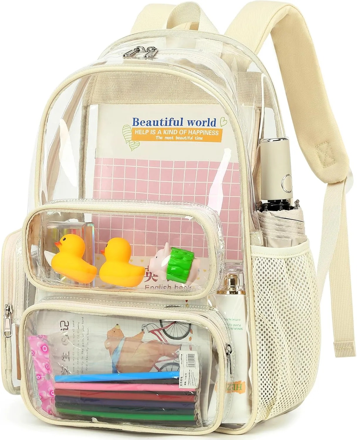 CAMTOP Clear Backpack Heavy Duty PVC Transparent Bag See Through BookBag for Student School Work Festival Sport Travel(17 Inch,Beige)