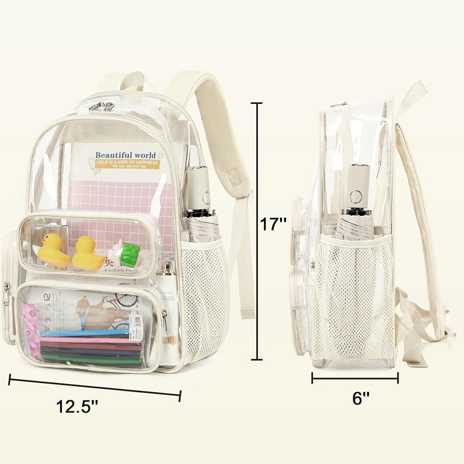 CAMTOP Clear Backpack Heavy Duty PVC Transparent Bag See Through BookBag for Student School Work Festival Sport Travel(17 Inch,Beige)