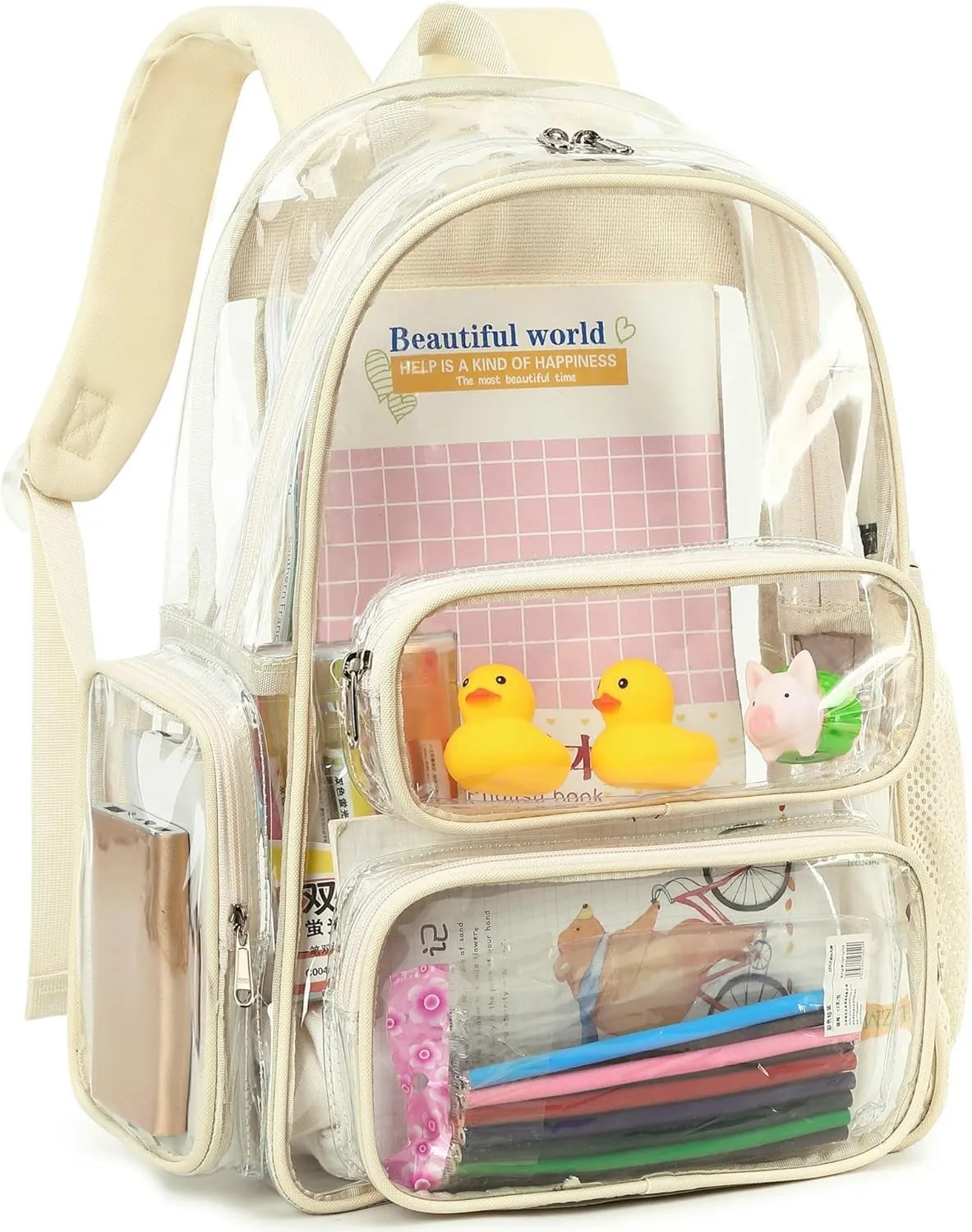 CAMTOP Clear Backpack Heavy Duty PVC Transparent Bag See Through BookBag for Student School Work Festival Sport Travel(17 Inch,Beige)