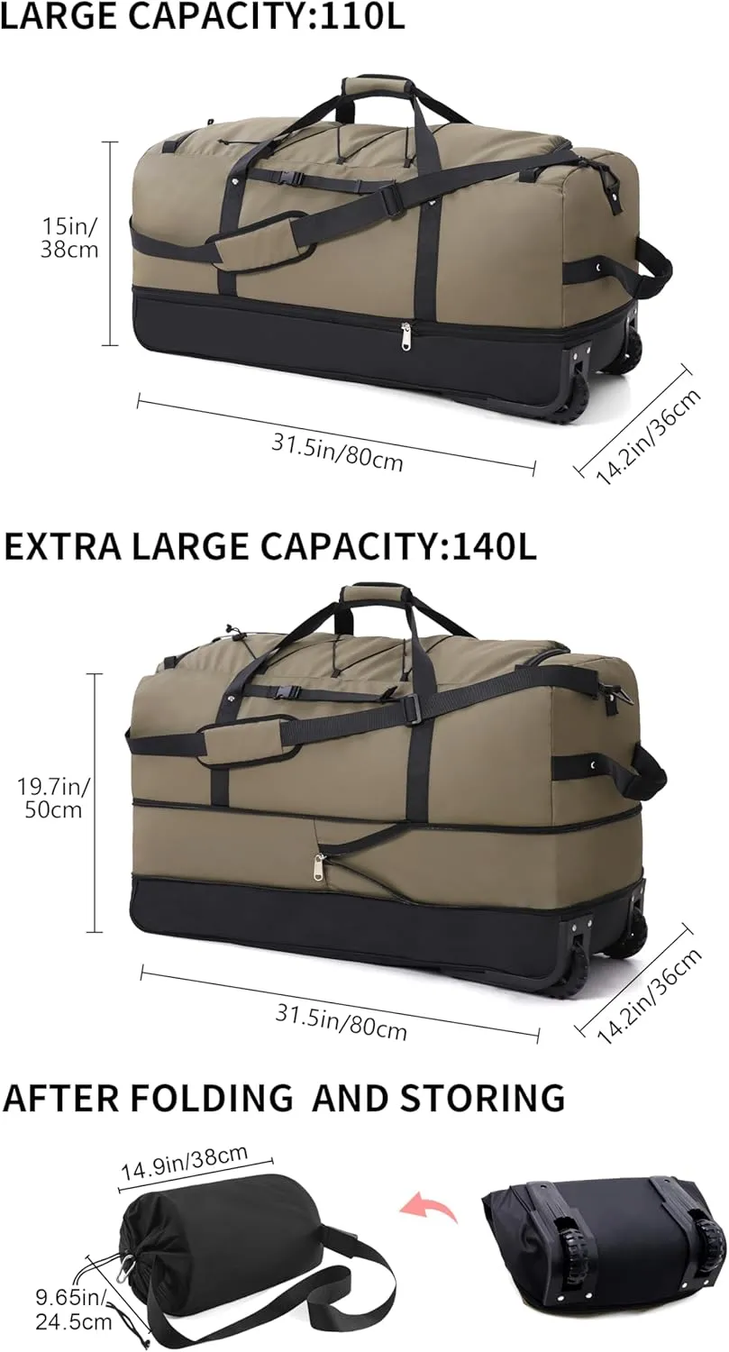 Foldable Wheeled Duffel Backpack with Padded Quilted Bottom,Waterproof Travel Duffle Bag with Extended Handles (Green)