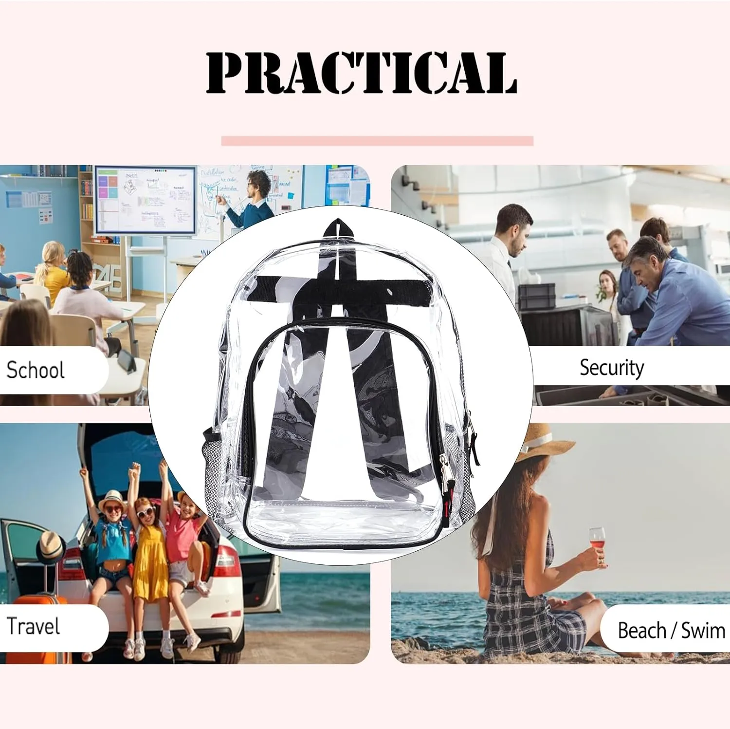 JOMPARO Clear Backpacks for School Heavy Duty Bulk Clear Bookbags (12 Pack), Medium, Black-12