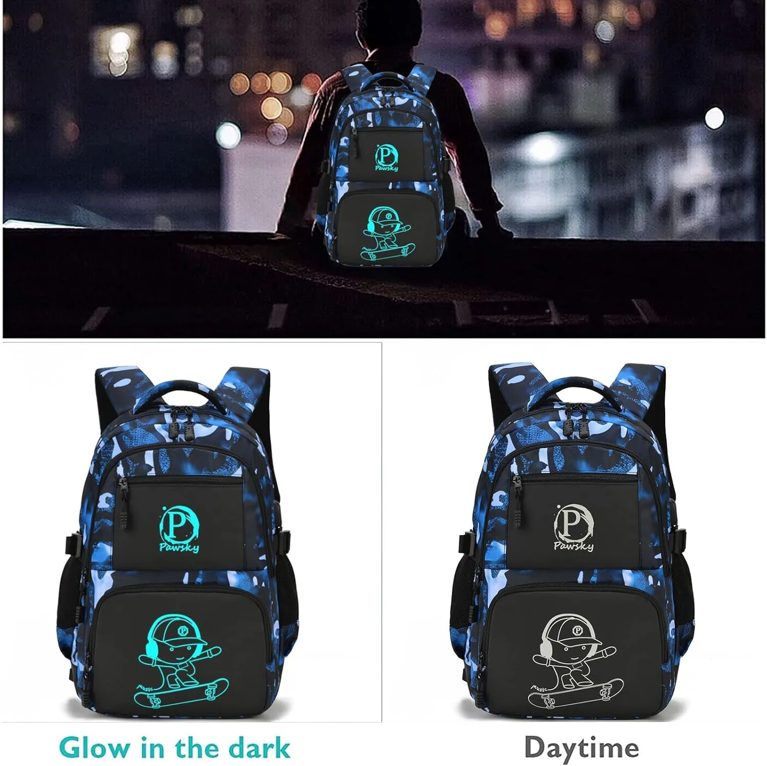 School Backpack for Boys, Anime Cartoon Luminous Backpack 17 Inch Laptop Backpack with USB Charging Port, Lightweight Bookbag for Teen Boys