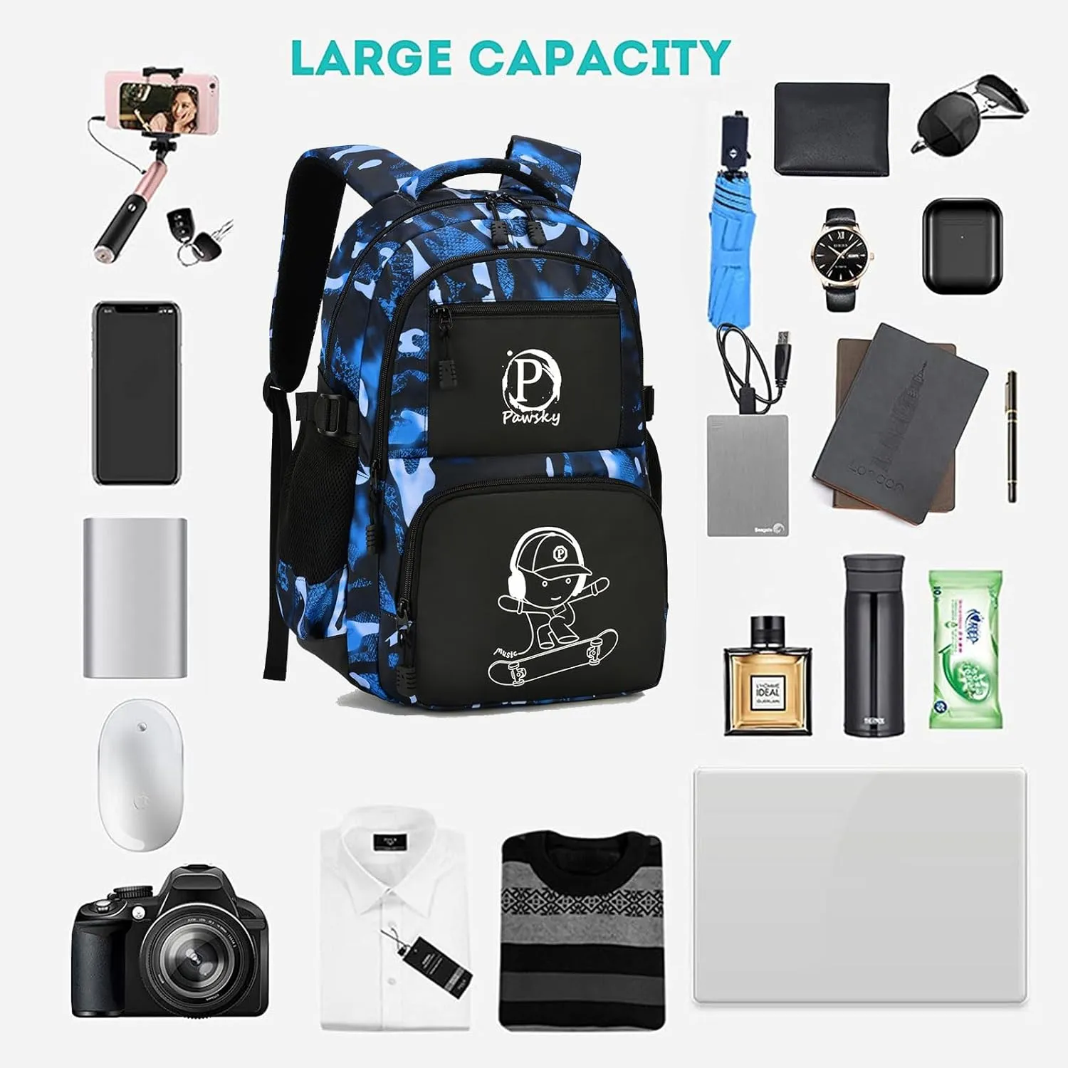 School Backpack for Boys, Anime Cartoon Luminous Backpack 17 Inch Laptop Backpack with USB Charging Port, Lightweight Bookbag for Teen Boys