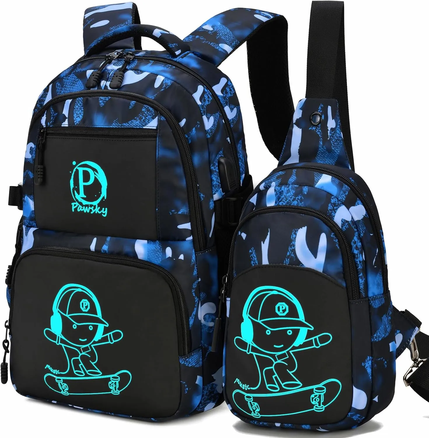 School Backpack for Boys, Anime Cartoon Luminous Backpack 17 Inch Laptop Backpack with USB Charging Port, Lightweight Bookbag for Teen Boys