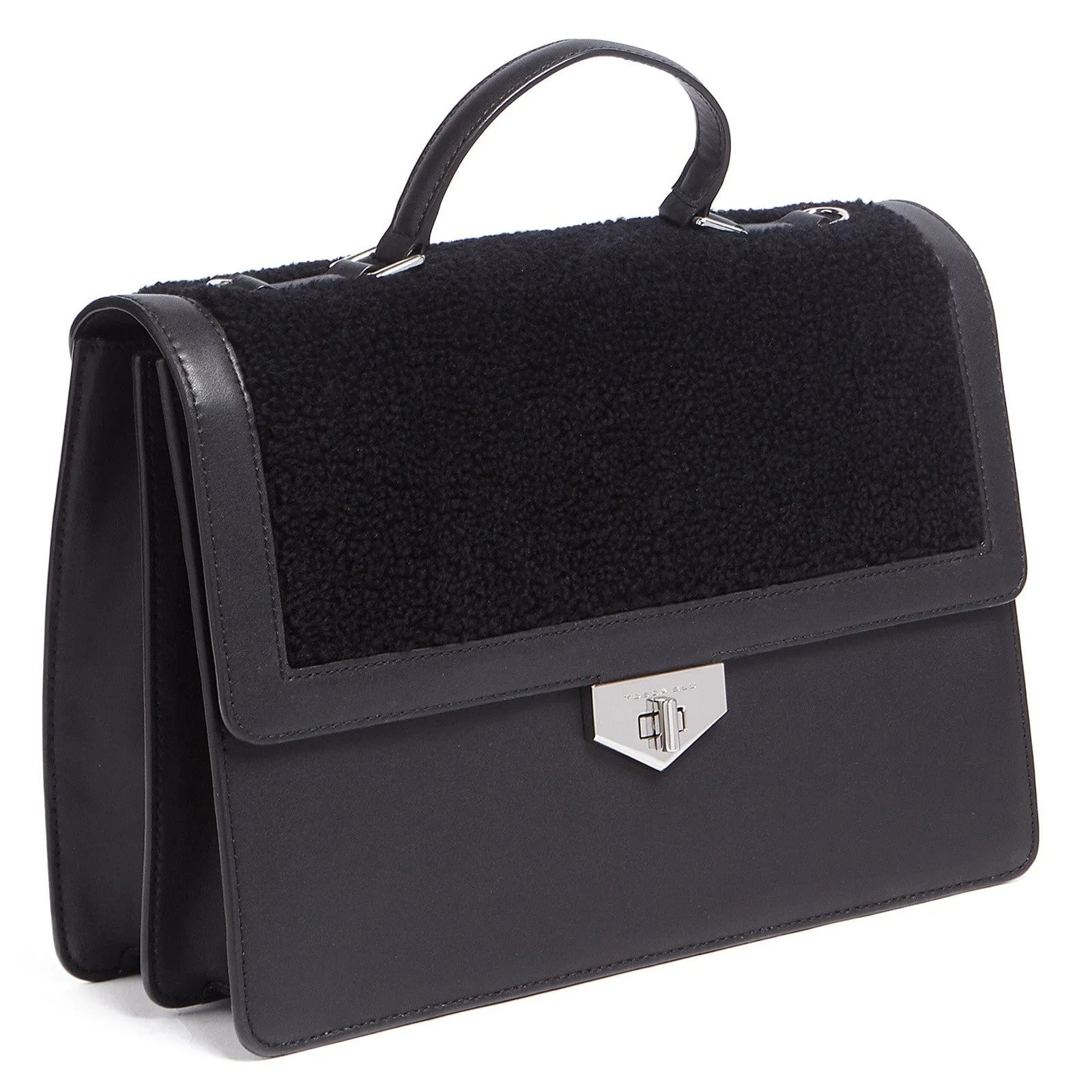 Tosca Blu Black Medium Faux Shearling Flap Top Handle Bag