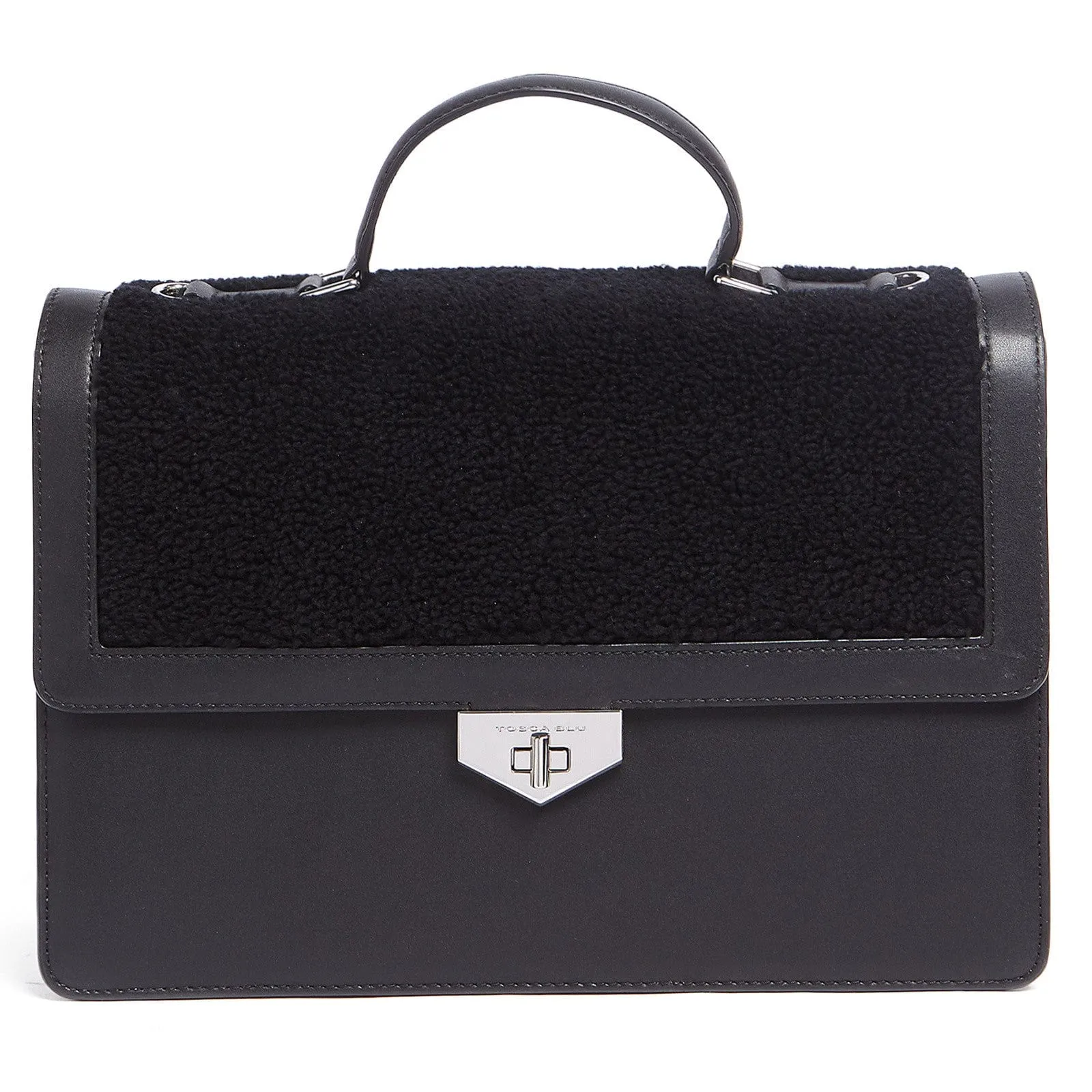 Tosca Blu Black Medium Faux Shearling Flap Top Handle Bag